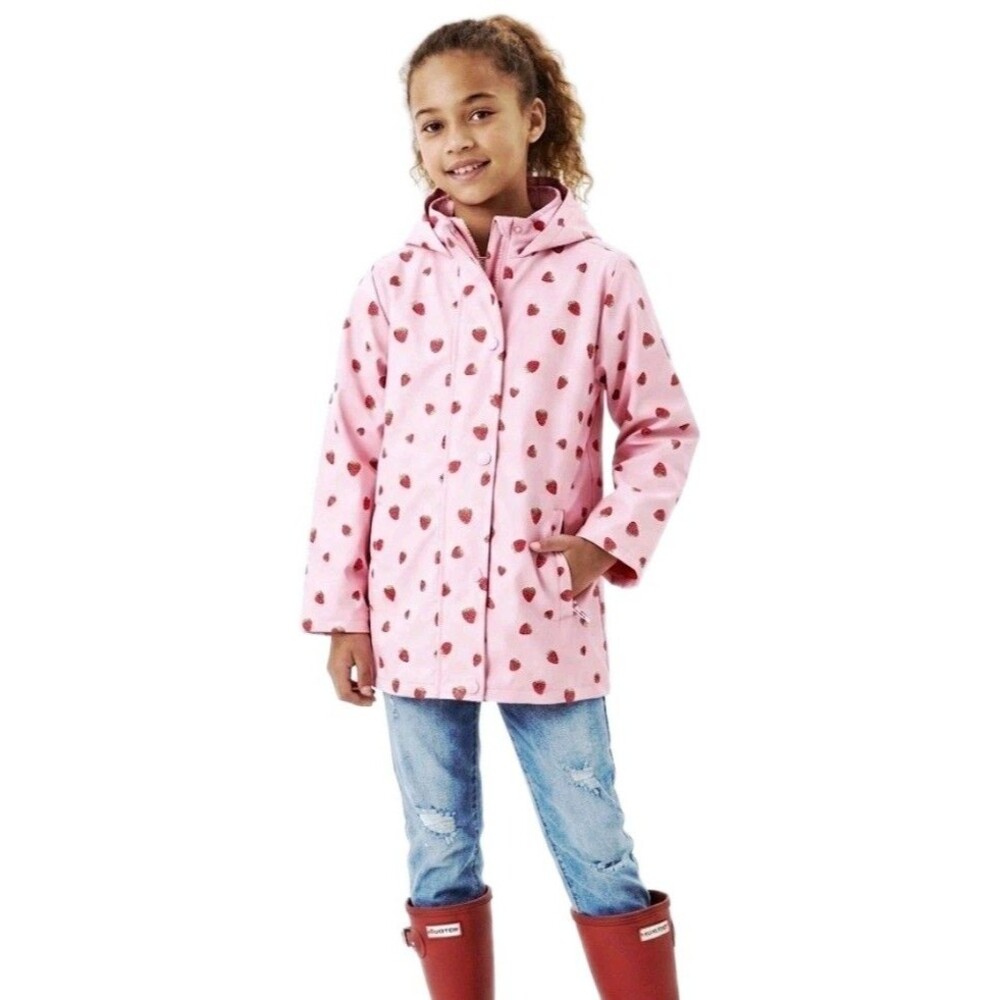 Hunter Girls Pink Strawberry Print Hooded Rain Jacket Waterproof Size XL (14/16)
